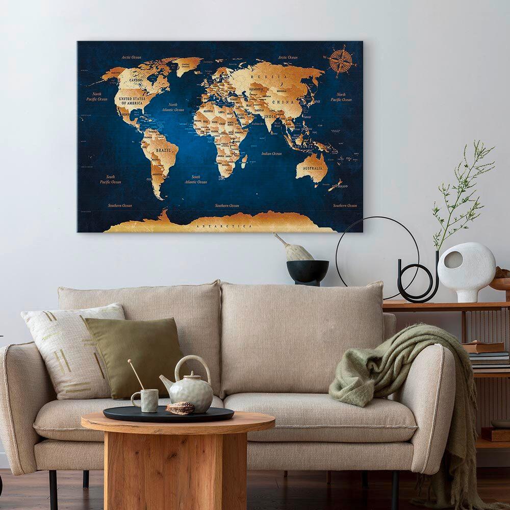 OBRAZ NA PLÁTNE WORLD MAP:THE DARK BLUE DEPTHS - modrá/béžová, Basics, kompozitné drevo/textil (60/40/1,2cm) - artgeist