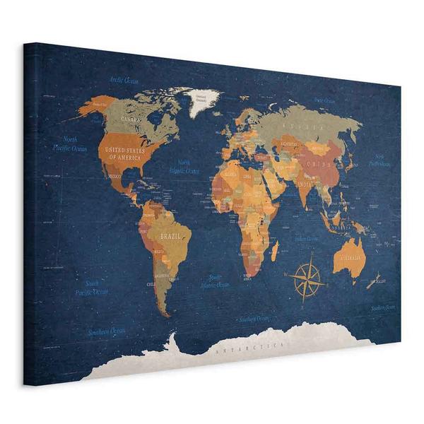 OBRAZ NA PLÁTNE WORLD MAP:THE DARK BLUE DEPTHS - modrá/béžová, Basics, kompozitné drevo/textil (60/40/1,2cm) - artgeist